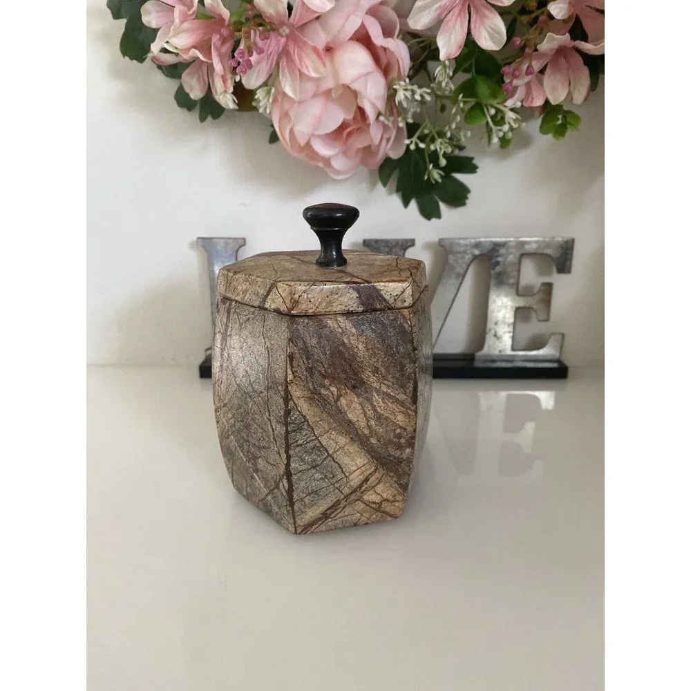 Hexagonal Stone Canister Lidded Container Trinket Box Port To Port Vintage Brown